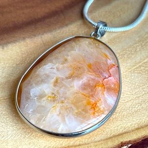 Orange agate stone necklace.  Silver plated chain.